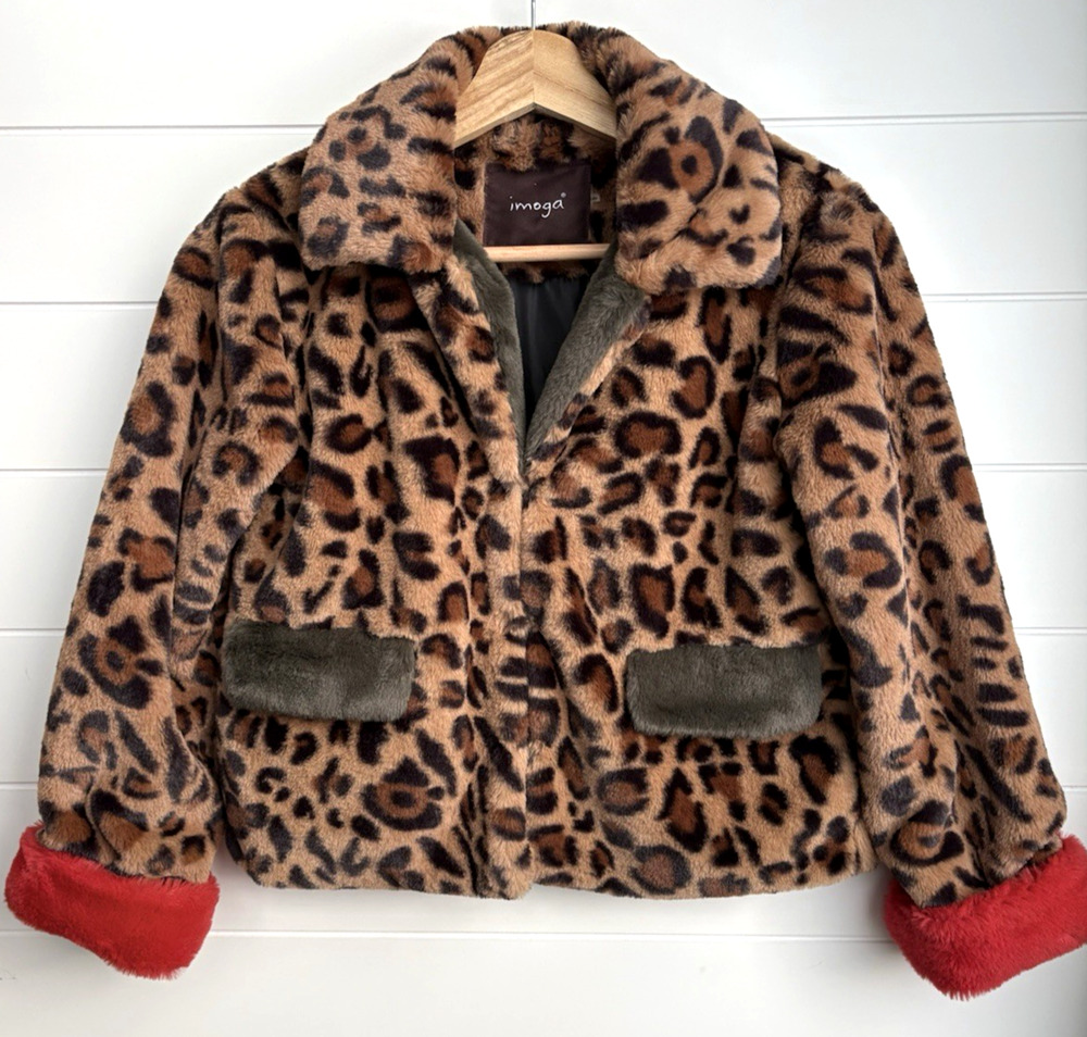 IMOGA Emma Leopard Faux Fur Coat Girls Size 10 Animal Print Jacket Red Trim